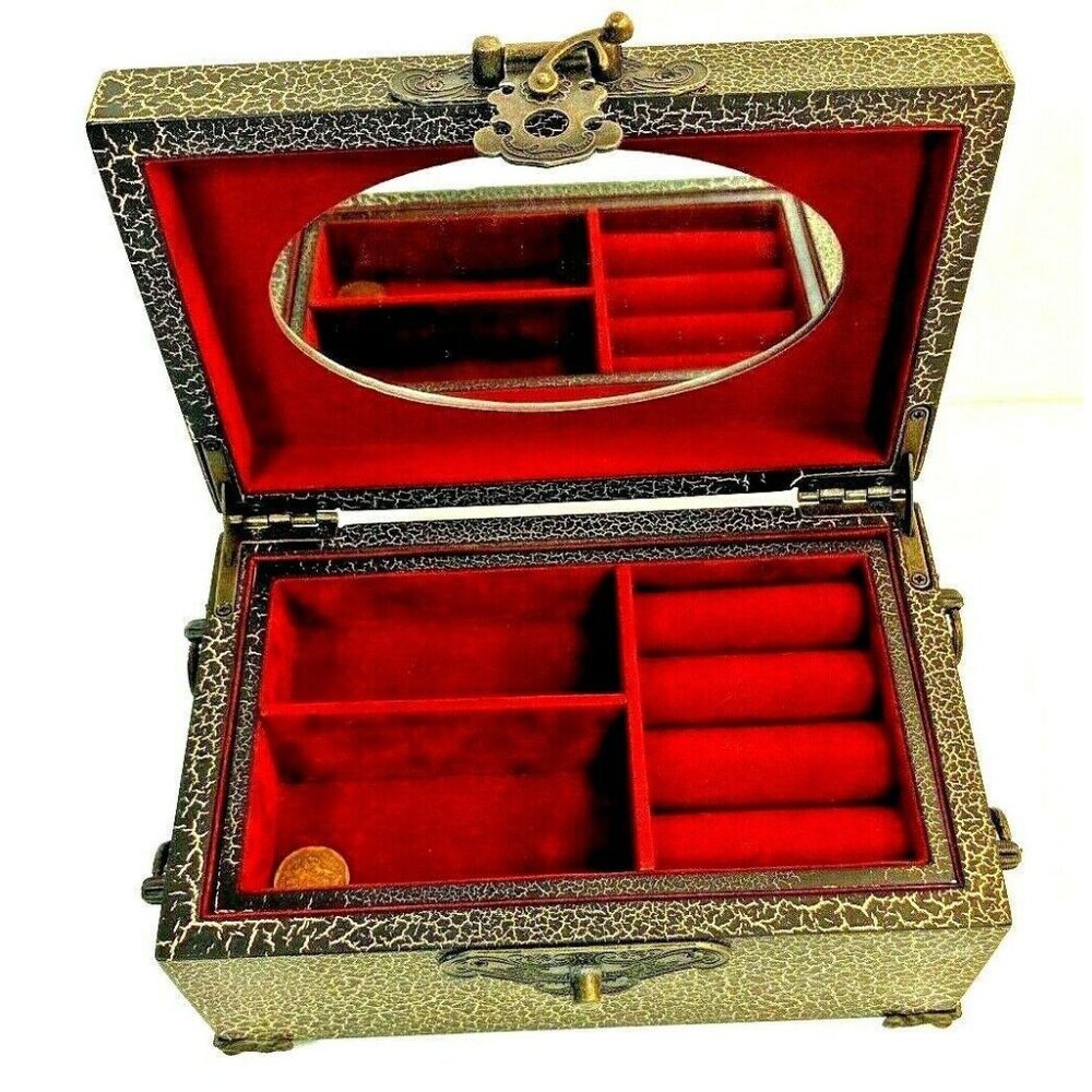 Vintage Mirror Jewelry Box Inscribed Gold C4